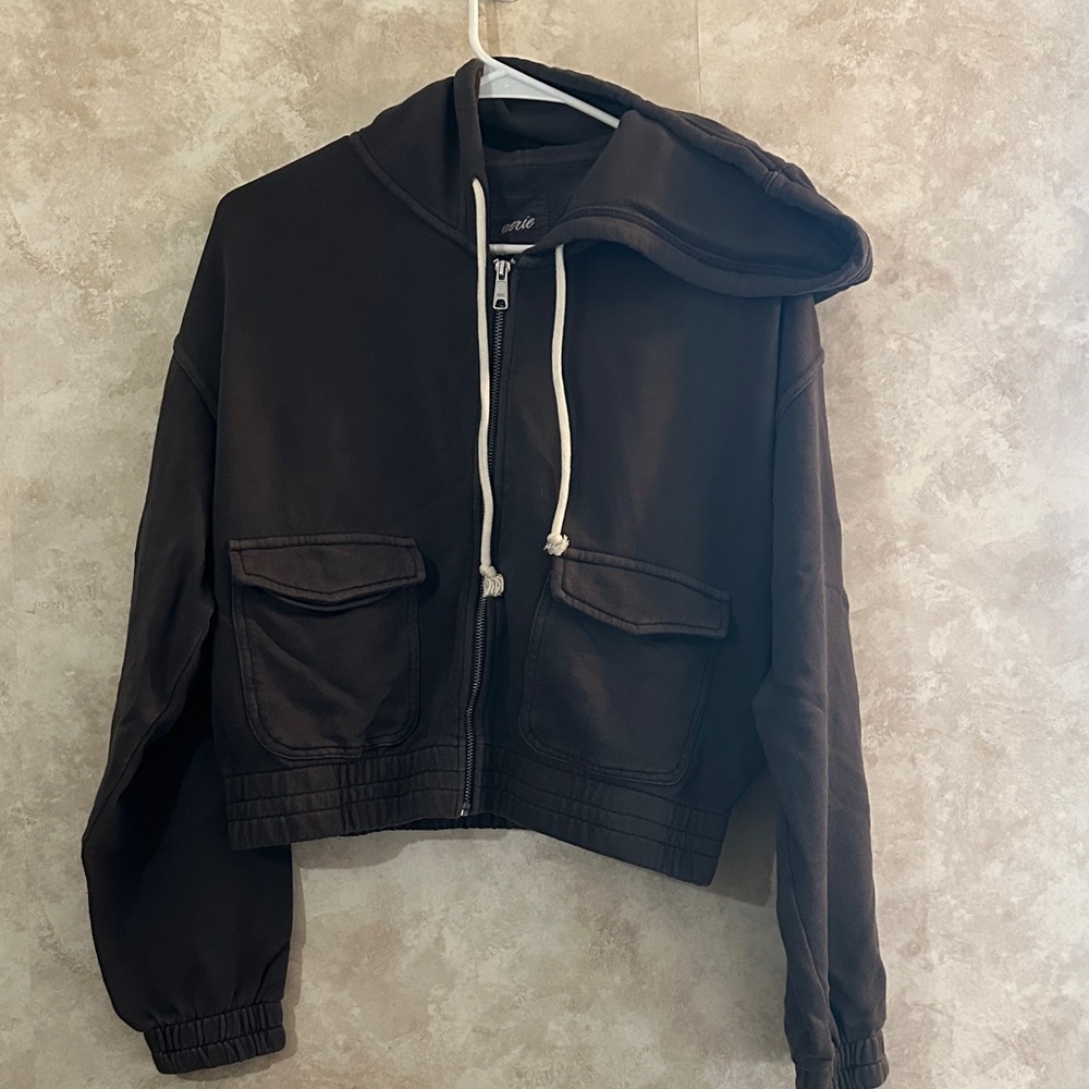 aerie Gray Cropped Zip Up Hoodie